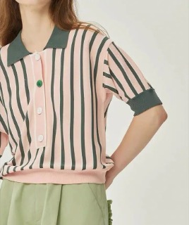 여성 스트라이프 라펠 니트 핑크 앤 그린   Women&#039;s Stripe Lapel Knitwear Pink and Green