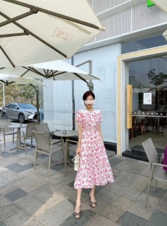 여성 프릴 카라 꽃 프린트 롱 드레스    Women&#039;s frill collar flower print long dress