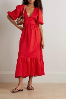 브이넥 레드 롱원피스  V-neck Red Long Dress